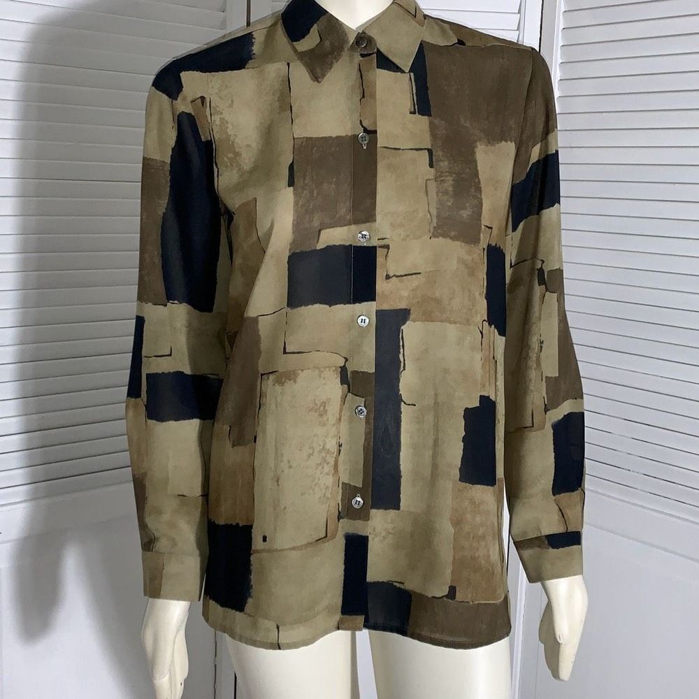 Vintage Tan Patchwork Print Oversized Button Down Long Sleeve Shirt Women’s Size